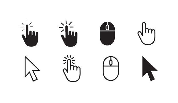 Mouse cursor clicks, hand pointer clicks and arrows, click here button signs.