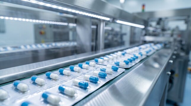 Pharmaceutical production line with blue and white capsules in blister packaging moving on a conveyor belt in a modern sterile factory.