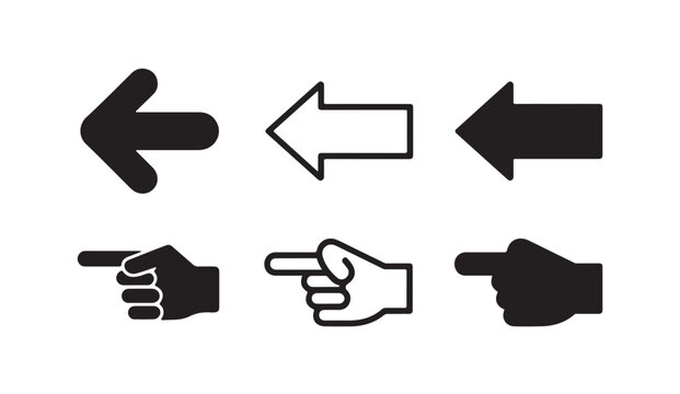 Arrow back and forth icon set, hand cursor pointer collection, pointing direction.