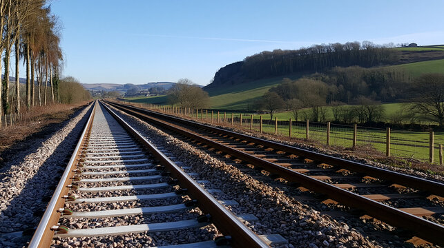 trackbed. A long stretch of railway trackbed with gravel and sleepers receding into distance. mobility guides, transit brochures, designed for mobility and urban transit guides.