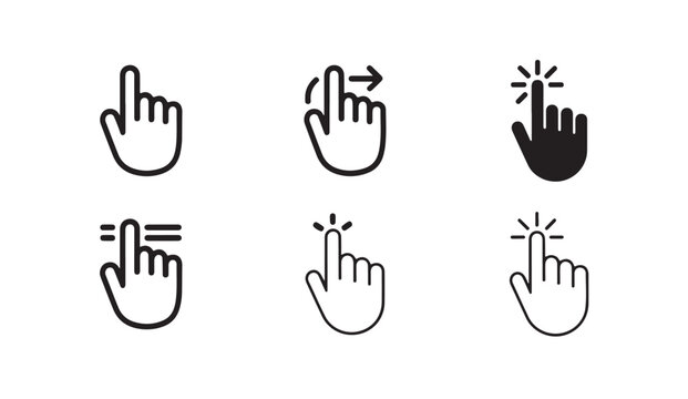 Various hand cursor icons for touch screen interaction outline and solid fill.