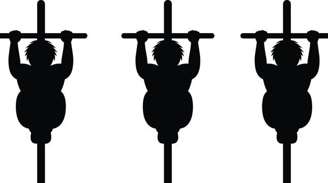 Black silhouette of figures hanging from bars on dark background, repetitive abstract pattern, fitness or suspense concept, minimalist vector illustration.