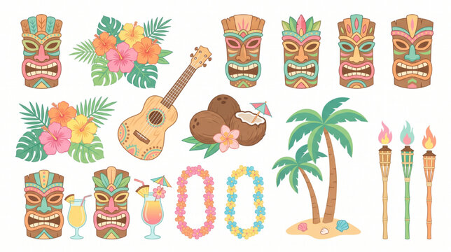 Hawaiian Luau Tropical Vector Set with Tiki Masks Hibiscus Ukulele Palm Trees and Island Party Clipart
