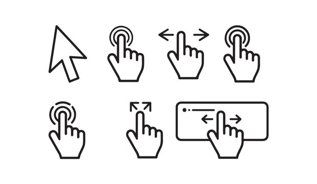 Vector line icons for touch screen gestures and mouse pointer showing various mobile interactions.