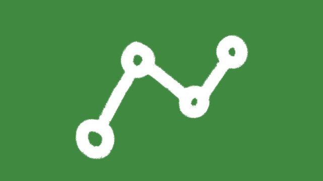 White chalk line graph chart icon hand-drawn isolated on green screen chalkboard texture for business node network symbol and simple analytics data chart outline sketch cartoon animation.