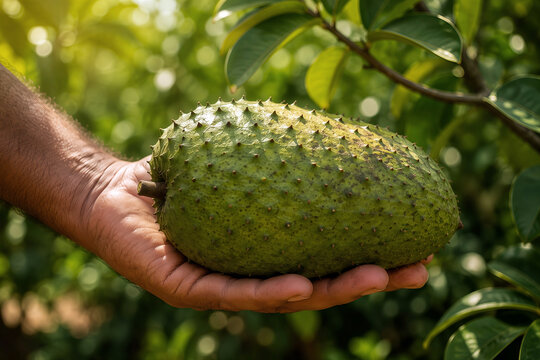Fresh soursop fruit in hand at tropical orchard during harvest season
