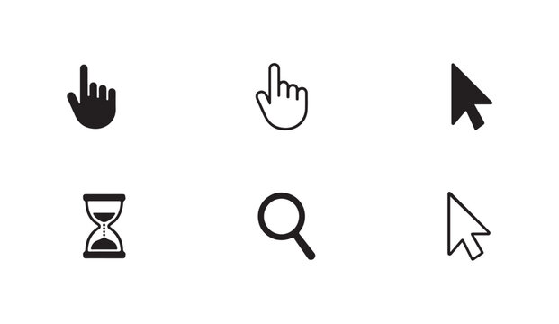 Set of computer mouse pointers and hand cursors, hourglass, magnifying glass icons.