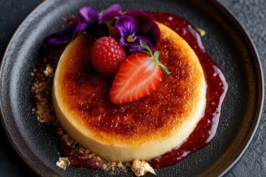 Gourmet creme brulee dessert with fresh berries, edible flowers, and gold leaf on a dark plate.