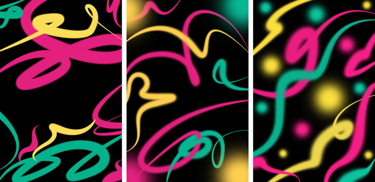 Vibrant neon doodle swirls on black, bold magenta, teal, and yellow brushstrokes, energetic abstract graffiti art background for posters, music events, and creative design.