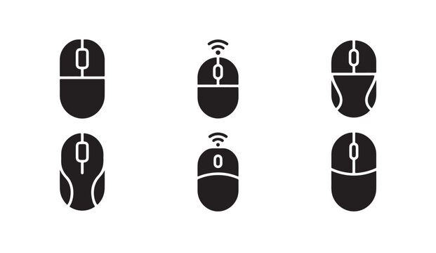 Set of six computer mouse icons with different designs and features on transparent background.