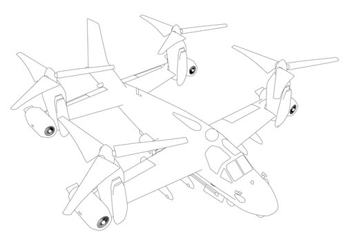 Aircraft drawing on white background. Simple contour lines outline the airplane