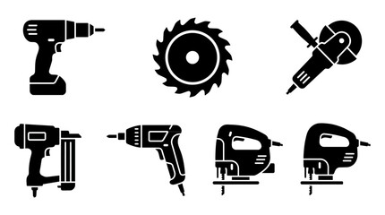 Fototapeta premium Six black silhouette icons of construction power tools including drills saws grinders nail gun and jigsaws arranged in two rows
