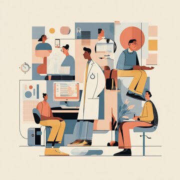 Stylized editorial illustration of medical professionals, patients and digital diagnostic devices in a modern clinic setting