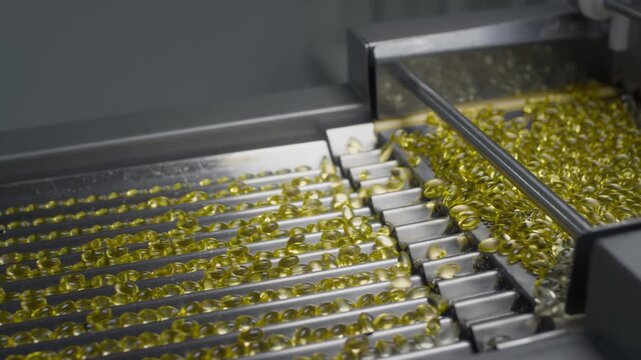 Drug Production. Medical production of dietary supplements. The yellow gel gelatin capsules move on an automatic conveyor. Creation of tablets and medicines at the factory.