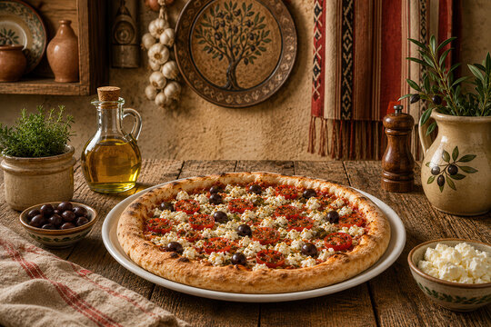 Pizza greca con feta olive pomodorini su tavolo rustico. Generative AI 
