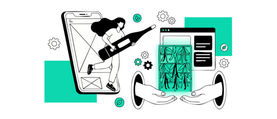 Smart farming agriculture app illustration monitoring vertical crop cultivation via mobile screen and website interface representing modern ecological technology and sustainable agrotech solutions. © Dinali