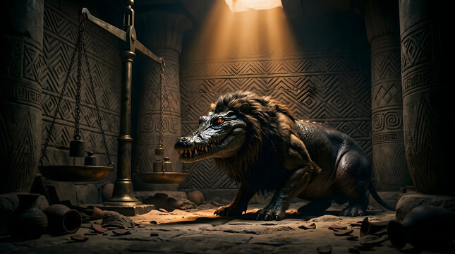 Mythical creature featuring the fierce head of a crocodile and the powerful body of a lion standing near ancient bronze scales under bright golden light in a dark stone temple