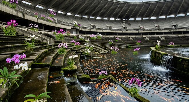 Colorful koi fish swimming in outdoor pond.