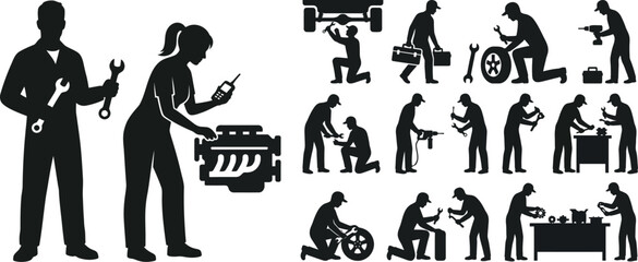 Obraz premium Mechanic silhouette vector set for automotive design with car engine