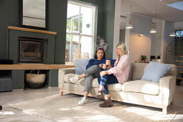 Fototapeta premium Mature female friends sipping coffee while chatting on sofa in modern living room with mugs