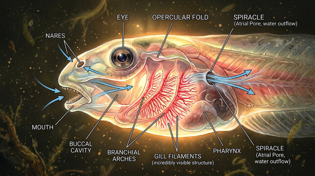 Detailed illustration of a fish head with labeled anatomical structures in water