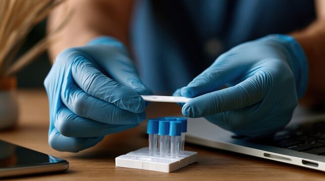 Gloved Hands Handling Rapid Test Kits on Desk Surface for Analysis
