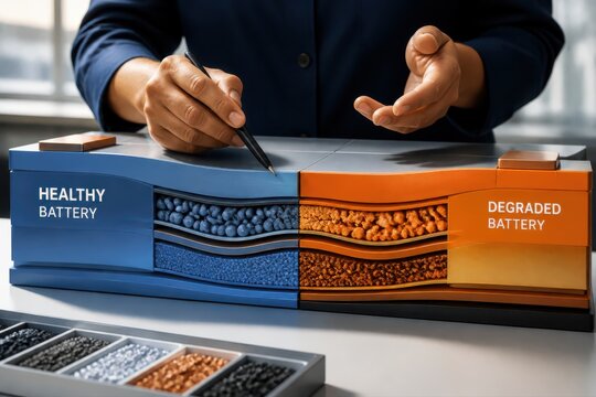 Battery comparison concept showing healthy and degraded energy storage performance with cross section technical analysis