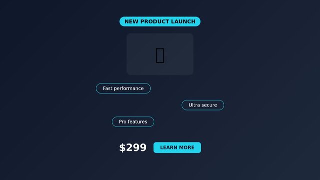New product launch interface animation with feature chips and UI elements. Minimalist flat design motion graphics in deep blue and cyan. Professional digital marketing template 