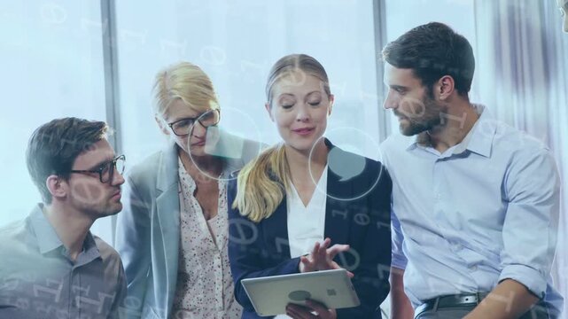 Female presenter tapping tablet and leading business walkthrough in office, HUD graphics appearing
