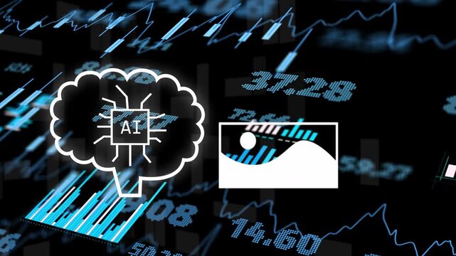 Outline drawing completing, AI cloud glowing, charts growing, thumbnails sliding, showing live data