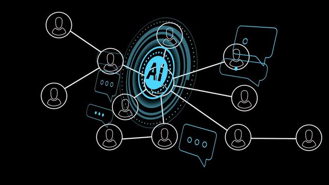 AI emblem appearing, pulsing and sending lines outward, linking nodes and showing network activity