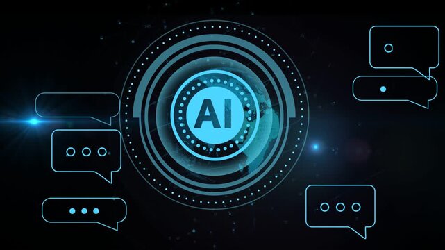 Right bubble appearing AI emblem pulsing, rotating while bubbles emerging, showing nodes converging