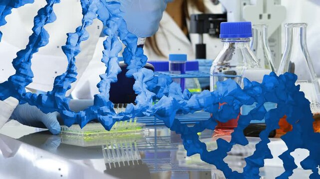 Gloved lab tech pressing pipette filling wells while DNA helix framing camera panning for assay