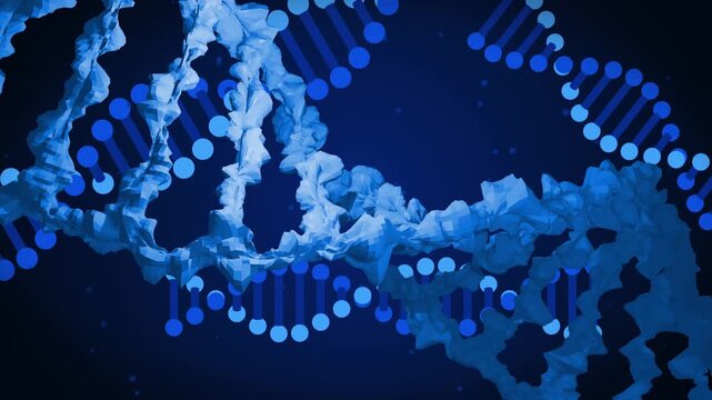 Left entry starting blue DNA helix sliding, turning, light tracing coils, dots fading for study