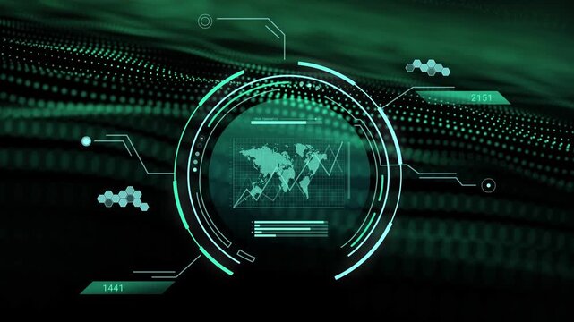 On data pulse circular HUD rotating, drawing jagged chart, updating readouts to show live analytics