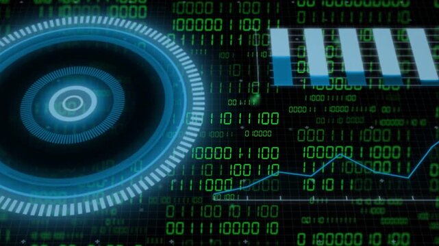 On activation circular HUD rotating and pulsing while binary matrix scrolling, updating metrics