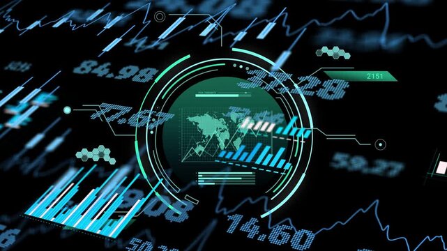 On activation circular teal data HUD rotating, charts rising and numbers scrolling showing trends