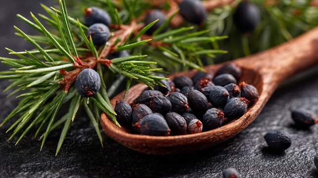 Aromatic juniper berries scattered on dark stone surface, wooden spoon filled with ripe blue-black berries beside fresh pine branch