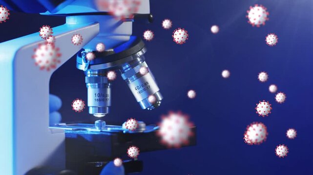 Labtech gloved hand placing scope slide and focusing sample, virus overlays drifting over optics