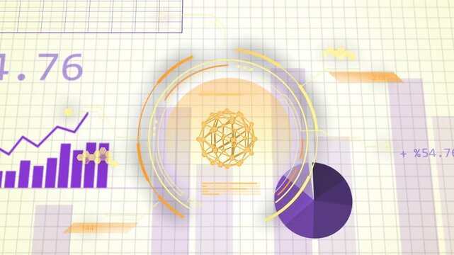 Golden sphere appearing and rotating, driving HUD rings, purple charts rising, analysing data