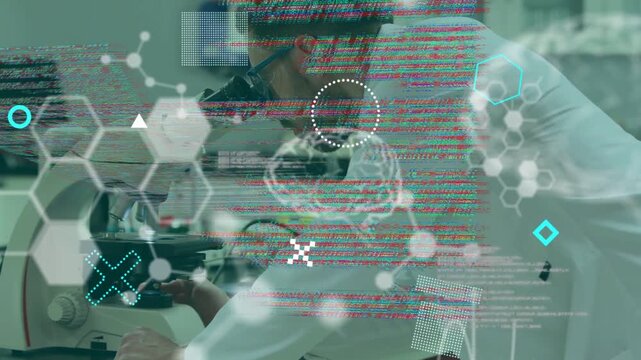 Lab researcher peering into eyepiece adjusting focus while studying slide; code brain HUD glitching
