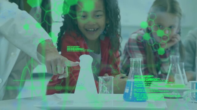 Teacher pouring reagent guiding pupil touching foam, molecular overlay appearing over foam teaching
