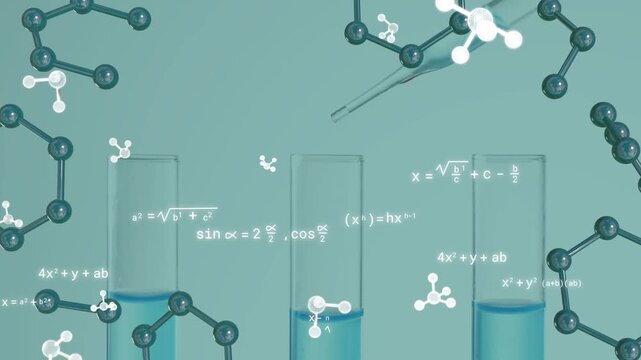 3 test tubes getting drops after pipette entry top-right, molecules drifting, math showing reaction