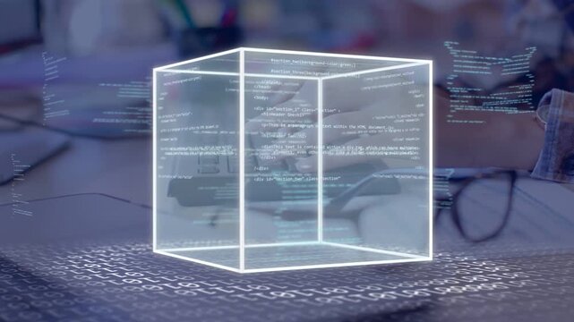 Woman dev hands typing on keyboard causing wireframe cube forming and showing code for debugging