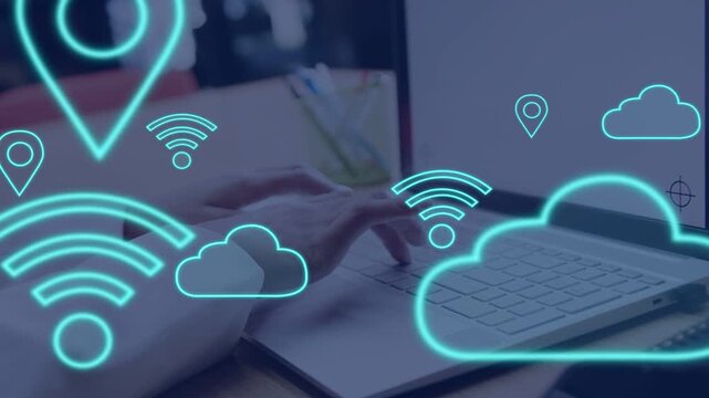 Woman typing on laptop causing cloud WiFi pin icons floating over keyboard visualizing technology