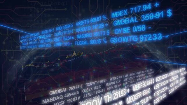 Rotating 3D data cube triggered by glowing ticker band, scrolling charts visualizing market trends