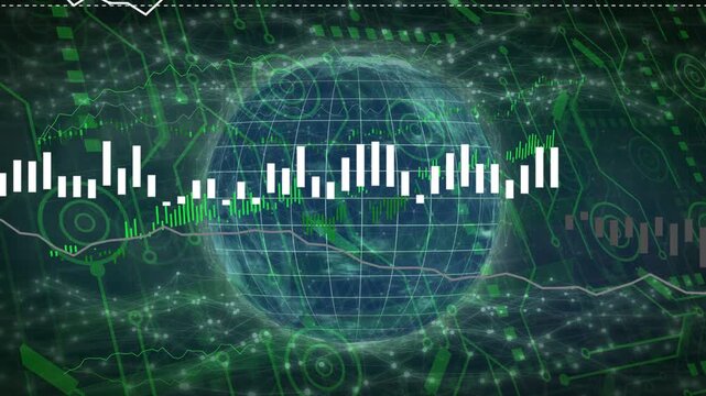 Hologram globe rotating while dashed line turning into bars and waveform, showing real-time charts