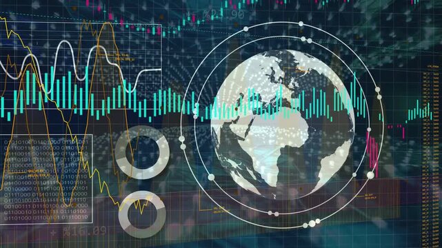 On data feed updating, globe rotating, pulsing rings, charts rising, showing realtime analytics