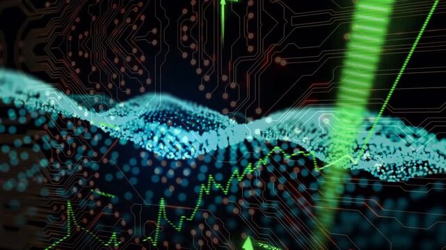 Turquoise point-cloud wave reacting to data pulse, undulating and shifting dots to visualize trends