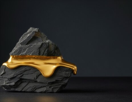 Dark Rough Slate Rock with Liquid Gold Vein and Dark Copy Space